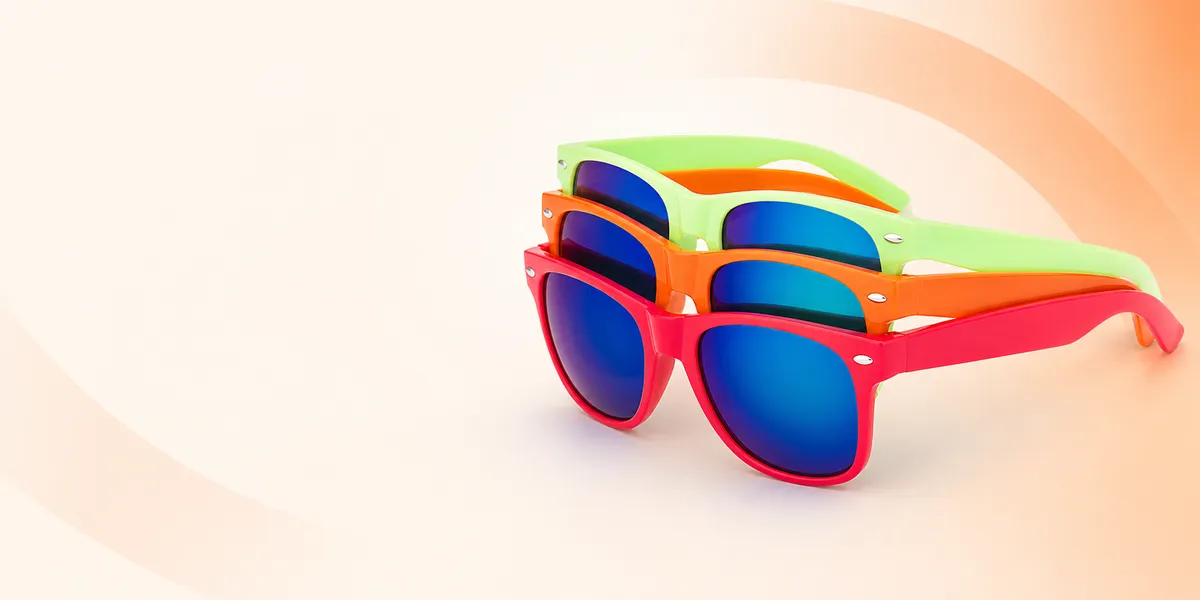 Colorful promotional sunglasses in green, orange and pink frames